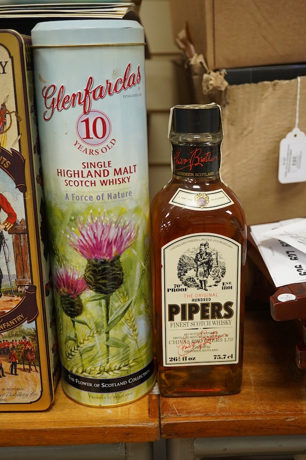 Five bottles of whisky and a half-bottle to include Highland Speyside single malt, aged 12 years and Pipers finest Scot whisky. Condition - fair